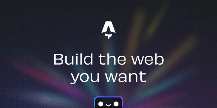 The image is a promotional graphic for Astro, a web development platform. It features a dark background filled with abstract, shimmering blue, purple, and teal rays of light. Overlaid on the image is the text 'Build the web you want' in a sans-serif white font. The overall impression is one of creative potential and a modern approach to web design. A stylized logo is in the center above the text.