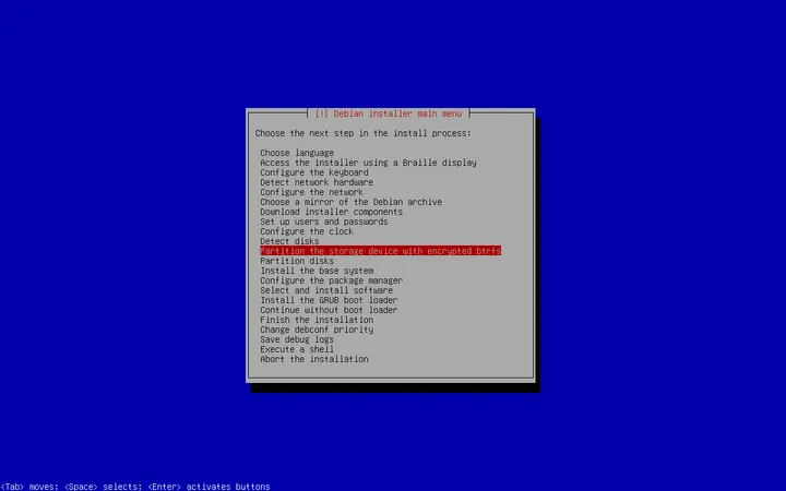 A screenshot of the debian installer menu.